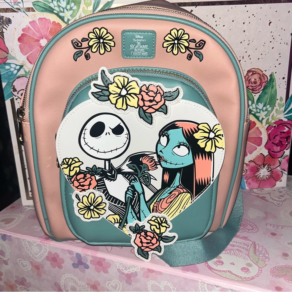 Disney pink Turquoise Jack Skellington & Sally small backpack Bioworld X Disney